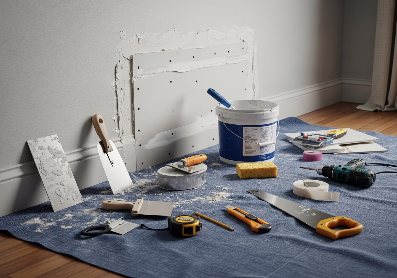 Drywall Repair Riverdale in progress: tools, materials, and protective floor covering staged for a Toronto drywall job