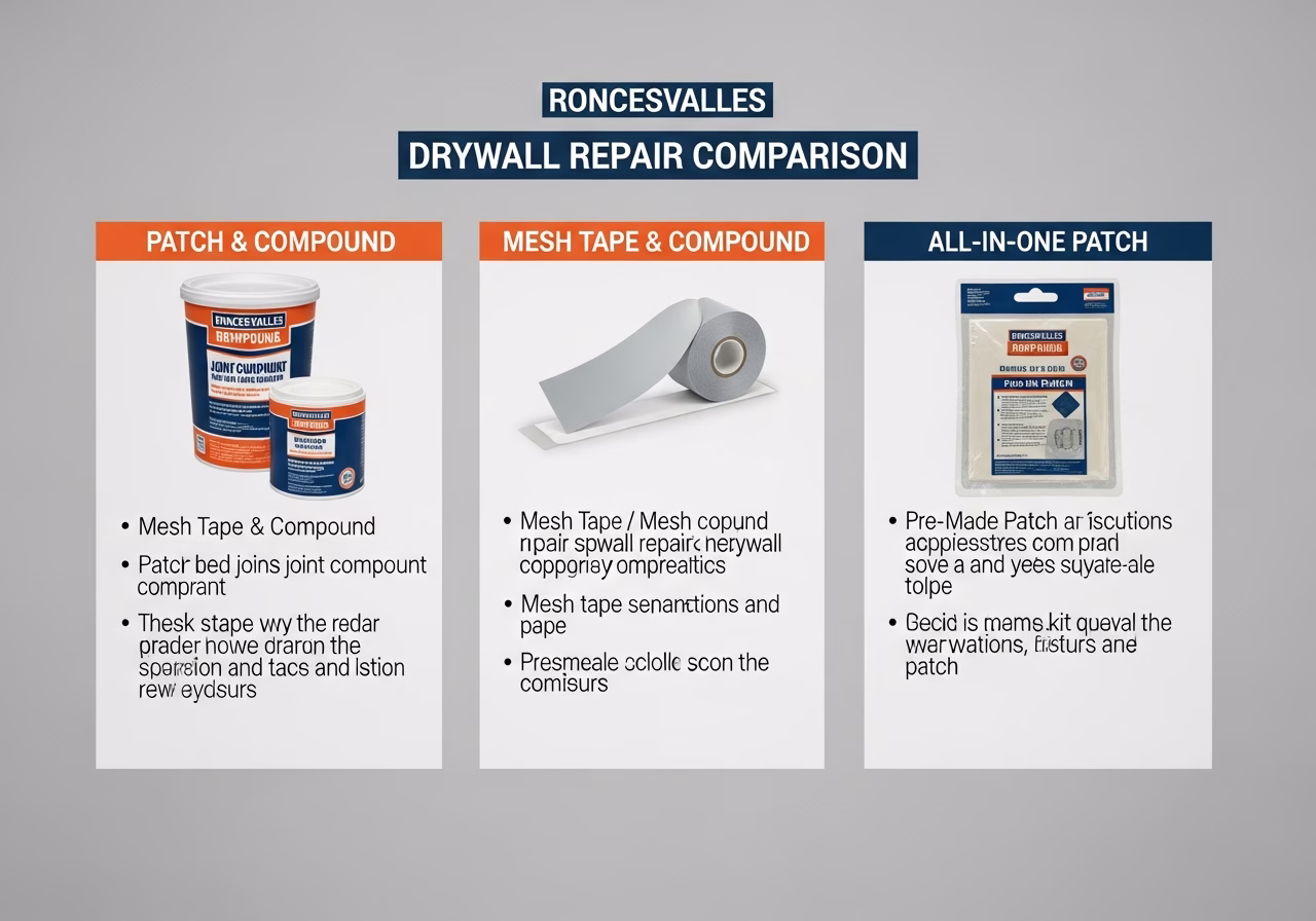 Side-by-side product and material comparison for drywall repair roncesvalles โ typical brands and finishes used in Toronto dr