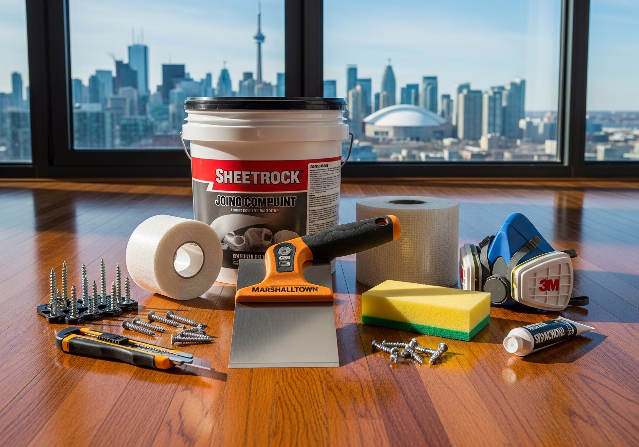 Toronto drywall contractor toolkit — Sheetrock compound, Marshalltown knife, mesh tape