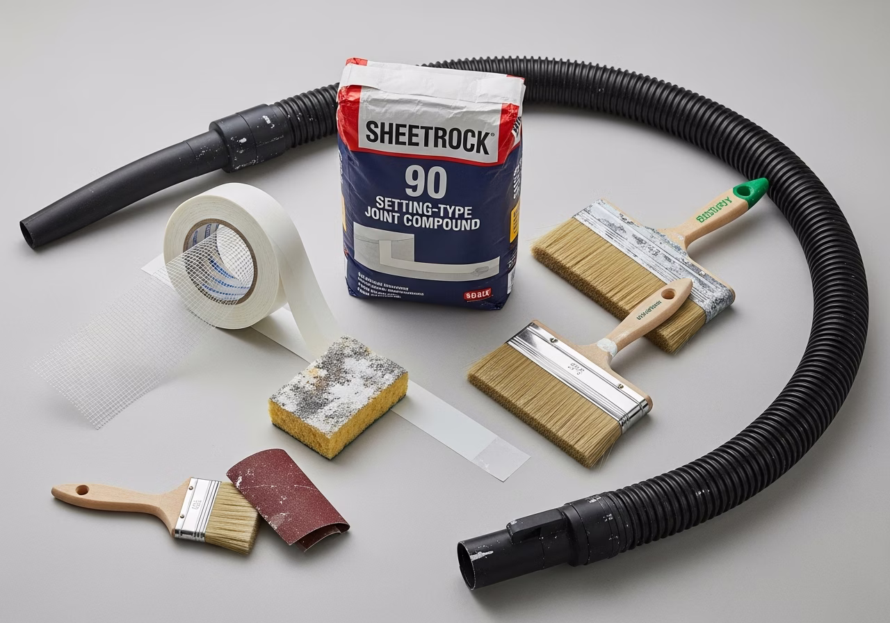 Drywall finishing kit — Sheetrock 90 compound, mesh tape, sanding sponge, primer