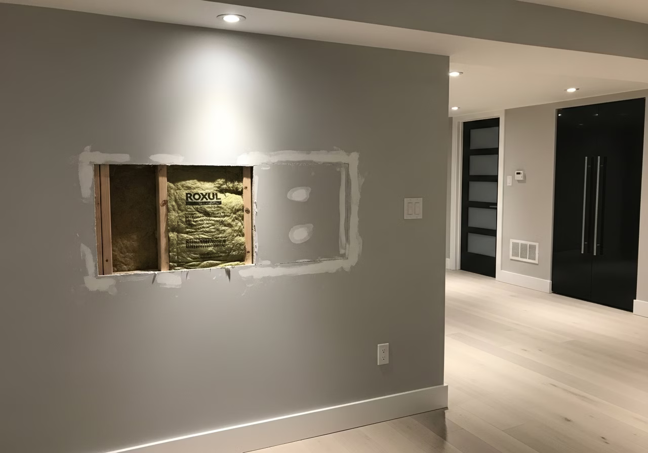 Soundproofing drywall patch in Vaughan Thornhill basement apartment with Roxul batt