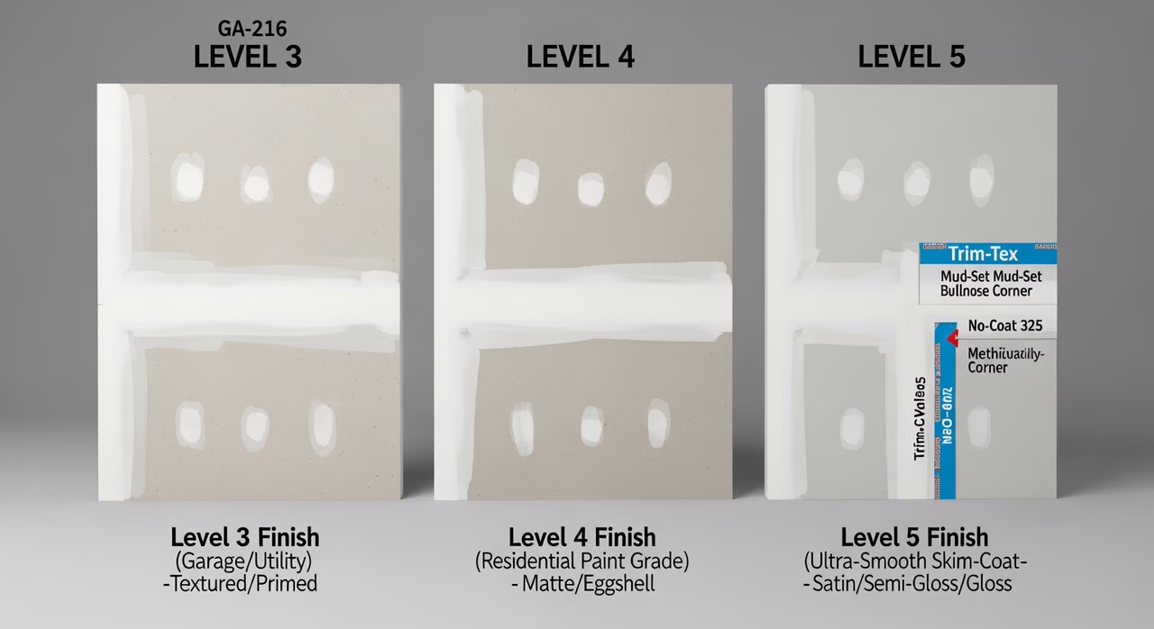 Three Toronto drywall finish levels compared: GA-216 Level 3 garage/utility with paper tape, 2 coats compound, light sand (textured or primer-only end-state), GA-216 Level 4 residential paint-grade with FibaFuse tape, 3 coats compound, full sand for matte/eggshell paint (CGC Plus 3, USG Sheetrock Brand Topping), GA-216 Level 5 ultra-smooth skim-coat for satin/semi-gloss/gloss paint and raking-light areas (USG Tuff-Hide, CGC Sheetrock First Coat, Trim-Tex Mud-Set Bullnose)