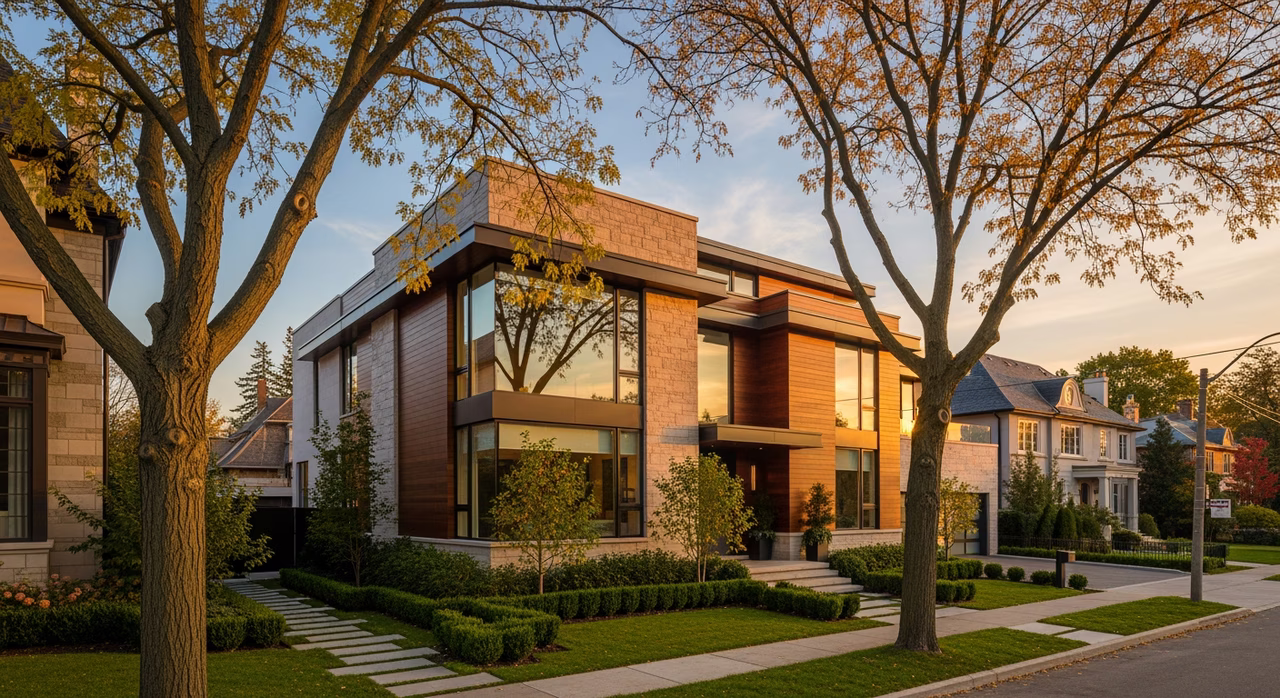 Toronto Yorkville 2018 luxury detached infill home at golden hour with mature trees on an upper-middle-class urban street where Level 5 ultra-smooth skim-coat drywall finish for feature walls under satin and gloss paint with raking-light from large picture windows runs $4.50-$5.50 per square foot