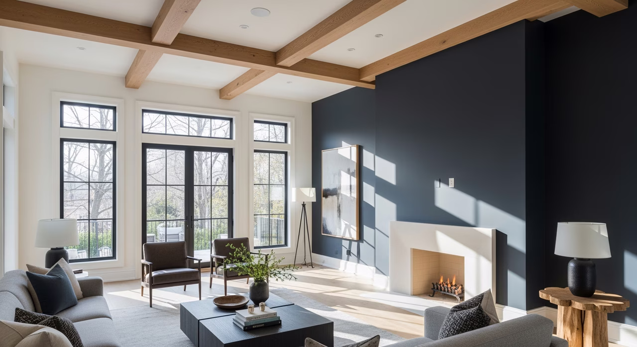 Completed Toronto luxury great-room with Level 5 ultra-smooth skim-coat drywall finish on every wall, painted Benjamin Moore Decorator's White matte and deep-charcoal Soot satin accent wall under raking-light from floor-to-ceiling west-facing windows, exposed beam ceiling
