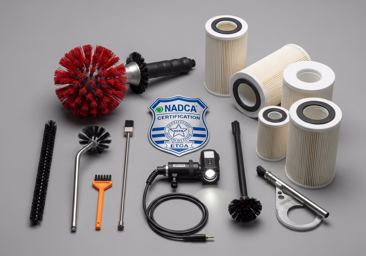 Duct cleaning equipment — NADCA badge, brushes, HEPA filters, camera scope