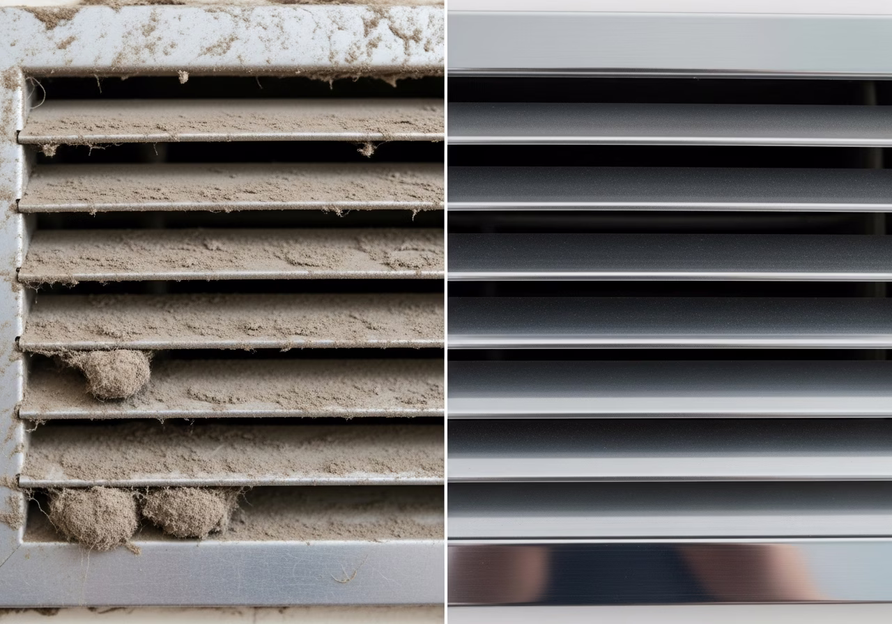 Before-after duct cleaning split — dust-coated vs cleaned air vent in Toronto home