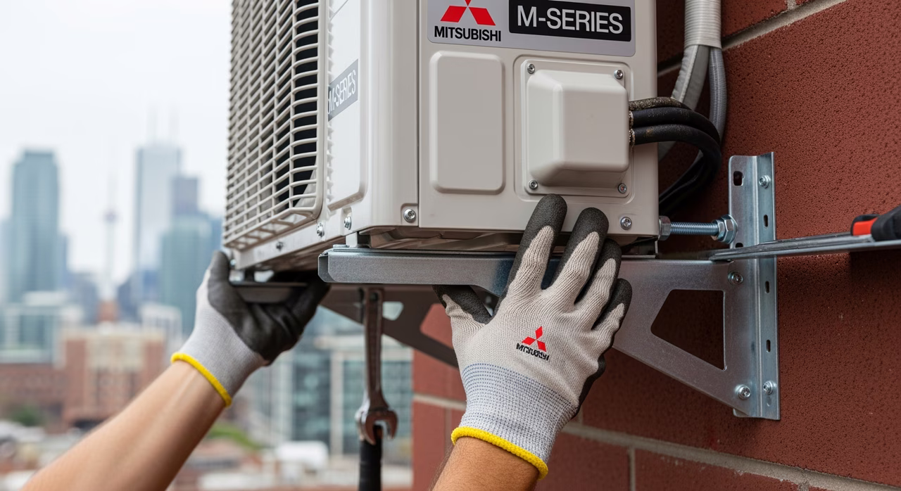 TSSA G2 ODP technician installing Mitsubishi Hyper-Heat outdoor condenser at Toronto semi-detached