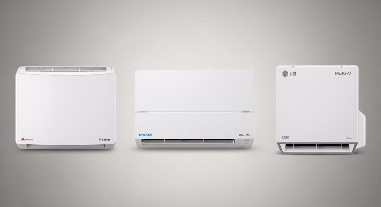 Mitsubishi M-Series, Daikin Aurora, and LG Multi-V mini-split heads compared side-by-side