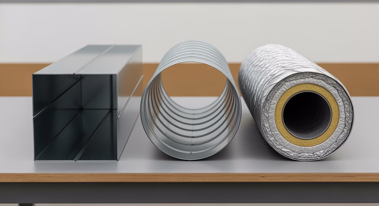 Sheet metal rectangular trunk, spiral round branches, and flex duct samples compared on workbench