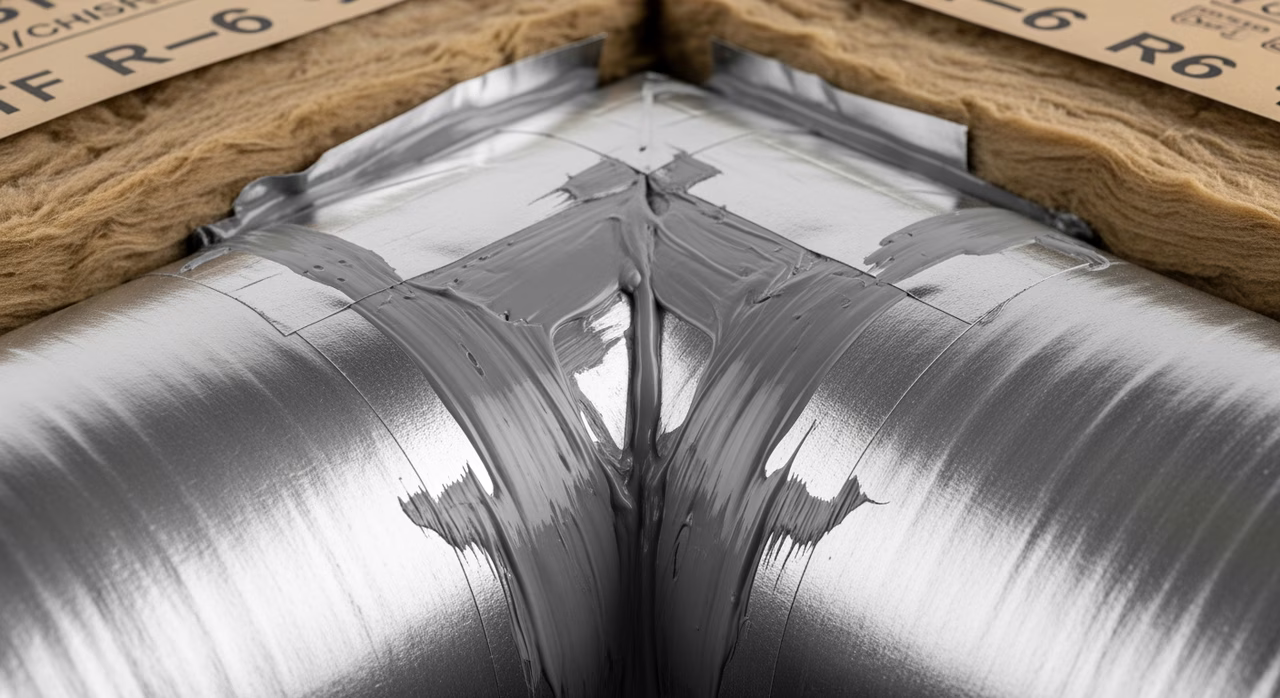 Close-up of UL 181 mastic-sealed duct joints with R-6 insulation wrap on supply line