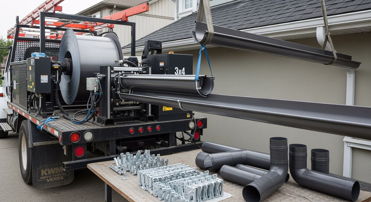 Toronto eavestrough installer operating Aluminum Industries portable continuous-form gutter-forming machine producing 6-inch K-style seamless eavestrough on-site to match 32-foot back-of-house eave run, 0.032-inch aluminum baked-enamel in custom Slate Grey colour, Spectra hidden hanger system at 18-inch on-centre