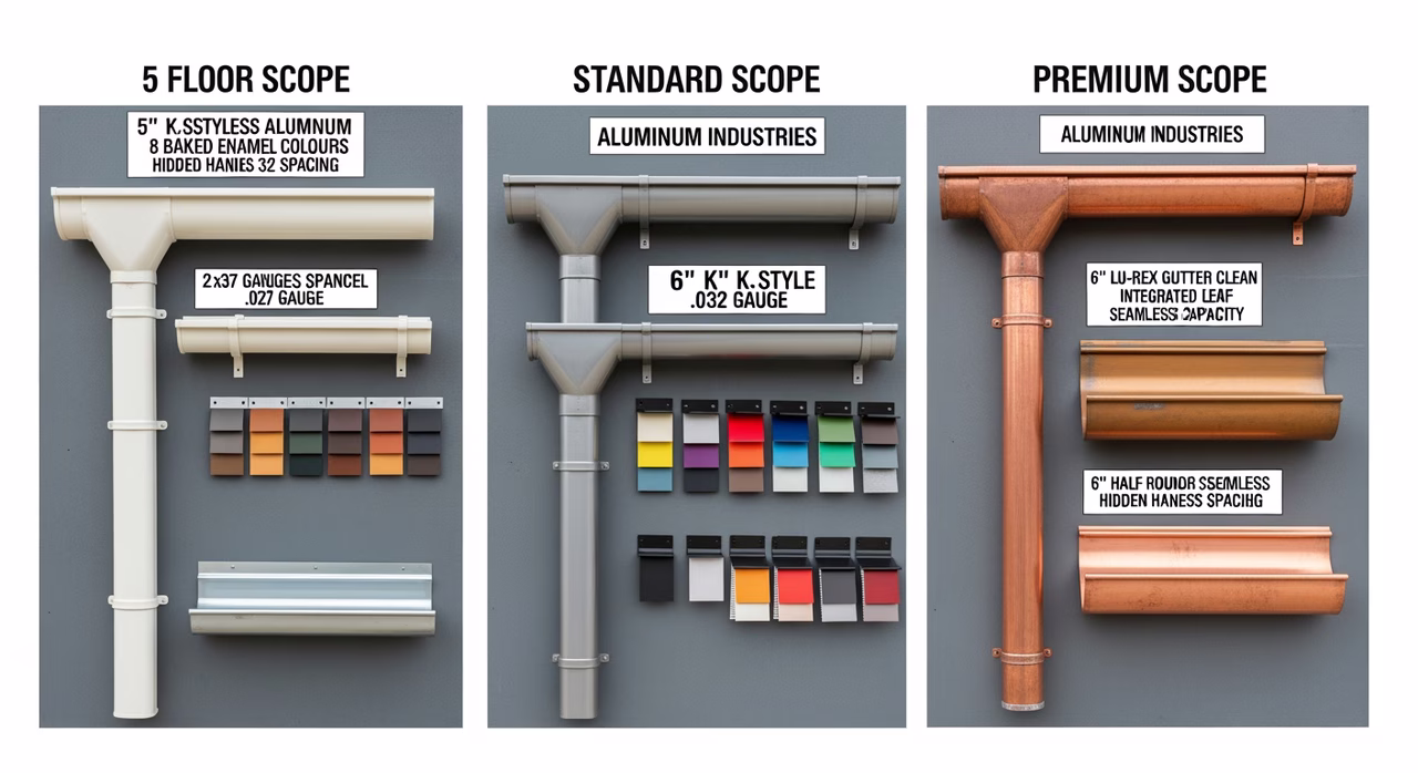 Three Toronto eavestrough tiers compared: floor 5-inch K-style 0.027-inch white baked enamel with hidden hangers at 24-inch OC at $1,600-$2,400 on 1,400-1,800 sq ft bungalow, standard 6-inch K-style 0.032-inch 24-colour match with kick-out flashings and ice-shield extension at $2,400-$3,600, premium 6-inch half-round 0.040-inch with Alu-Rex Gutter Clean and Section 7C downspout disconnect at $3,600-$5,800