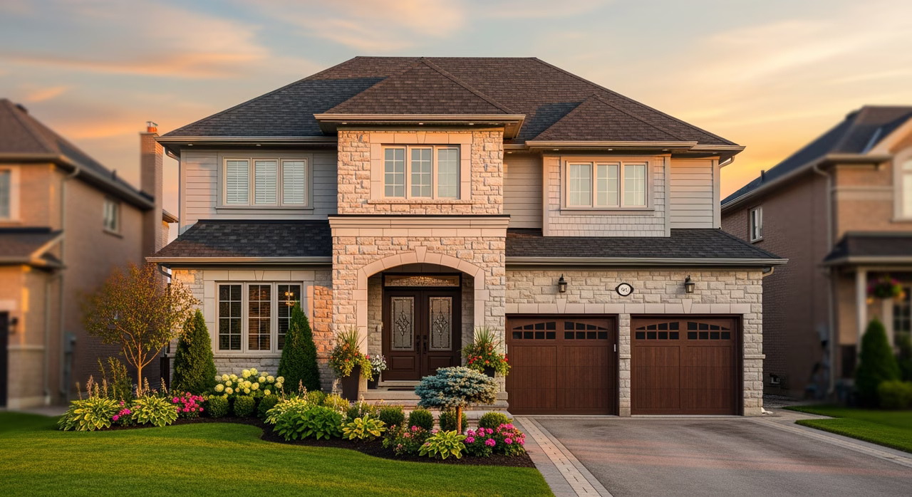 Toronto Mississauga 1990s detached two-storey home with mature trees and visible roof drainage system on family street at golden hour where full-perimeter 6-inch K-style continuous seamless eavestrough replacement with Section 7C downspout disconnection routing commonly runs $2,400-$3,600 with up to $1,750 Section 7C rebate