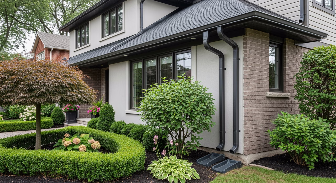 Completed Toronto rear of home showing newly-installed Aluminum Industries 6-inch K-style continuous seamless eavestrough in custom Slate Grey baked-enamel finish, kick-out flashing visible at roof-wall intersection per OBC 9.27.4, downspout terminating 5 feet from foundation with splash block