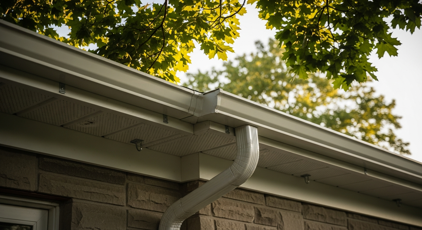 Detail view of a eavestrough repair & installation job finished in Aurora — expert craftsmanship