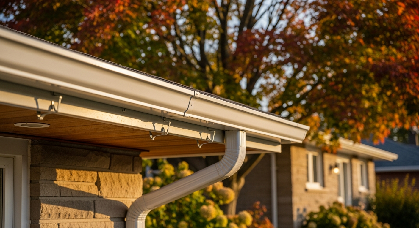 Close-up of professional eavestrough repair & installation work delivered in Burlington