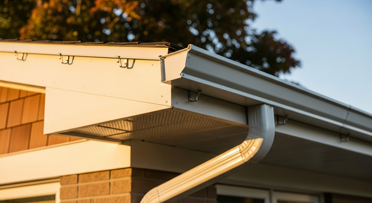 Close-up of professional eavestrough repair & installation work delivered in Georgina