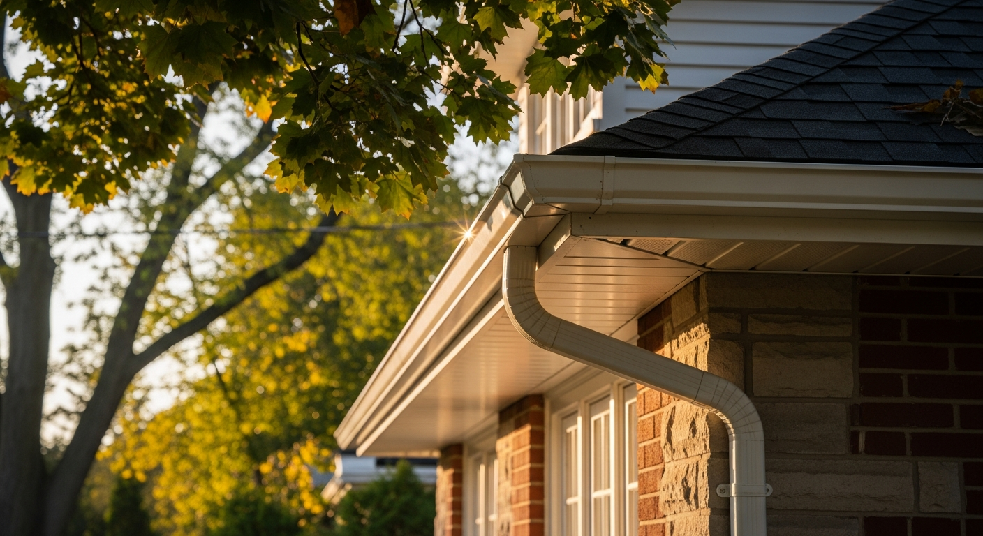 Close-up of professional eavestrough repair & installation work delivered in North York