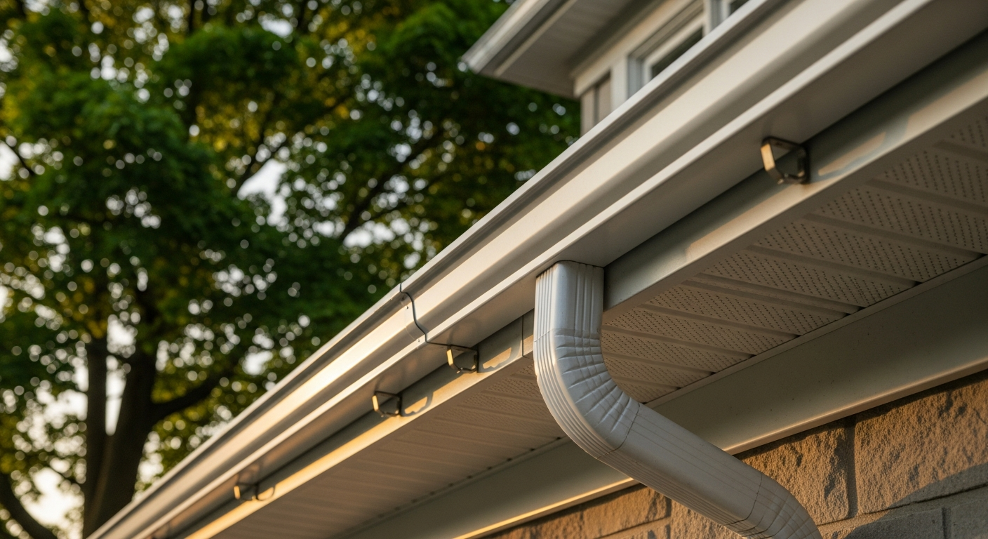 Editorial detail of a Vaughan eavestrough repair & installation install — visible quality finish