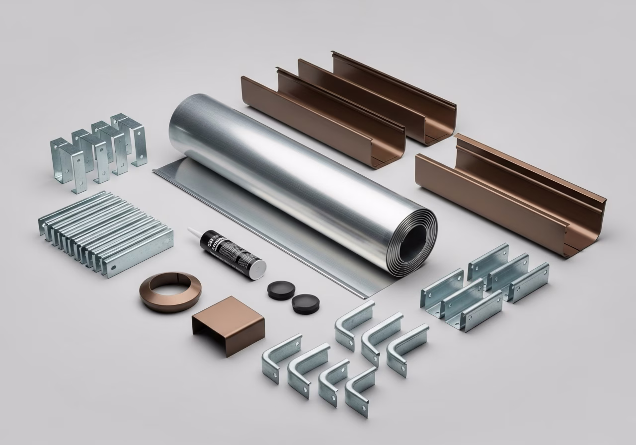 Eavestrough install kit — aluminum coil, hidden hangers, downspouts, sealant
