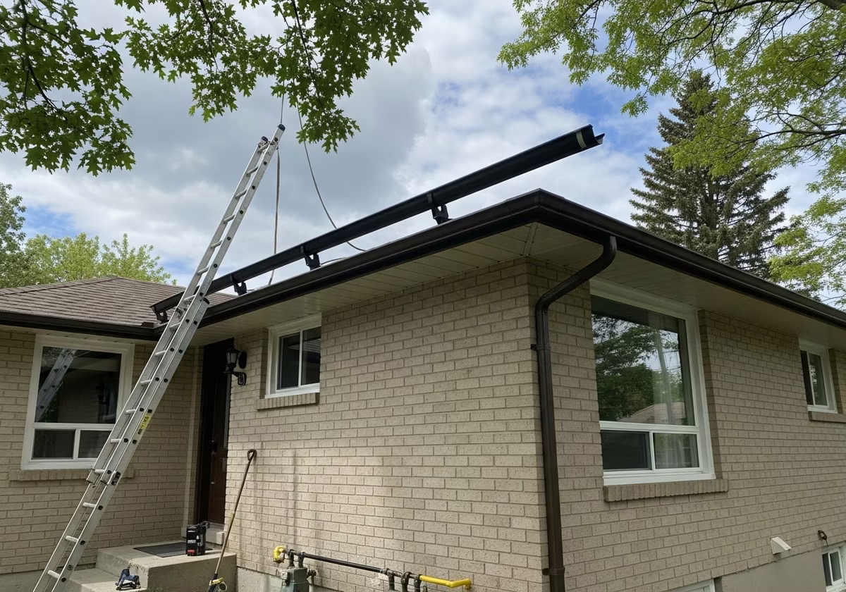 Toronto home eavestrough mid-install — fresh seamless trough being lifted into place