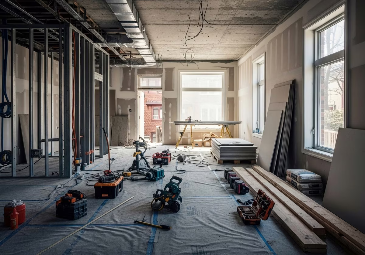 Veterinary Clinic Buildout tools and materials staged in Toronto home