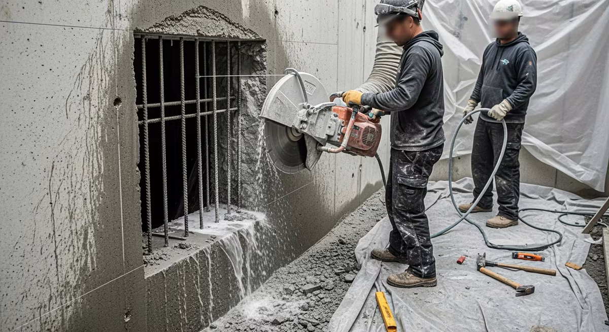 Concrete-cutting crew enlarging basement window opening with diamond-blade saw and dust extraction in Toronto foundation