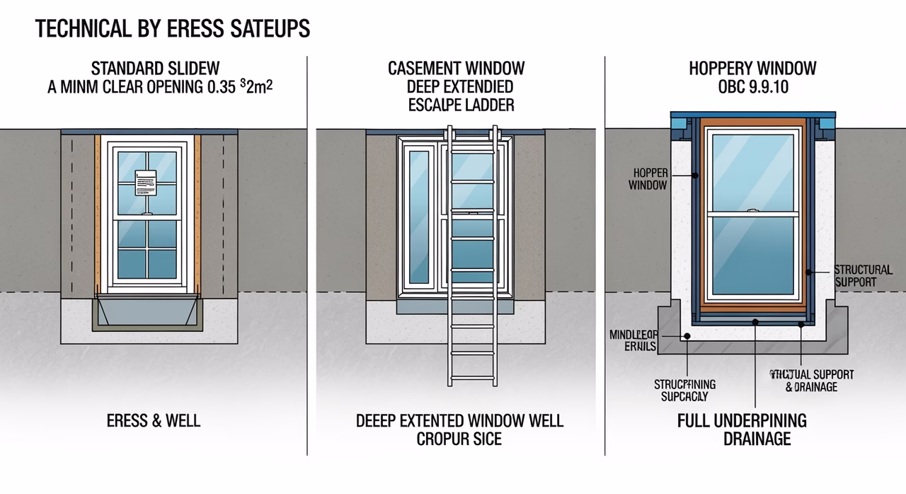 Three OBC 9.9.10 egress window setups compared: standard slider, casement with well and ladder, large hopper with underpinning