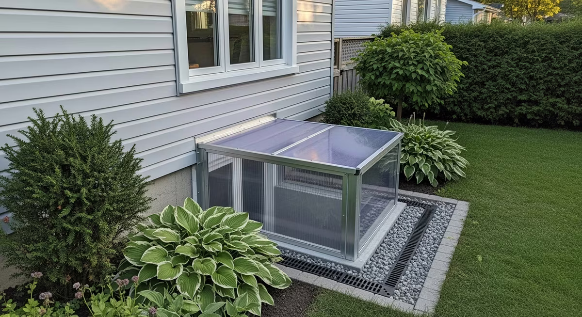 Toronto detached home side-yard with newly installed egress window, steel-tread Bilco well and polycarbonate cover