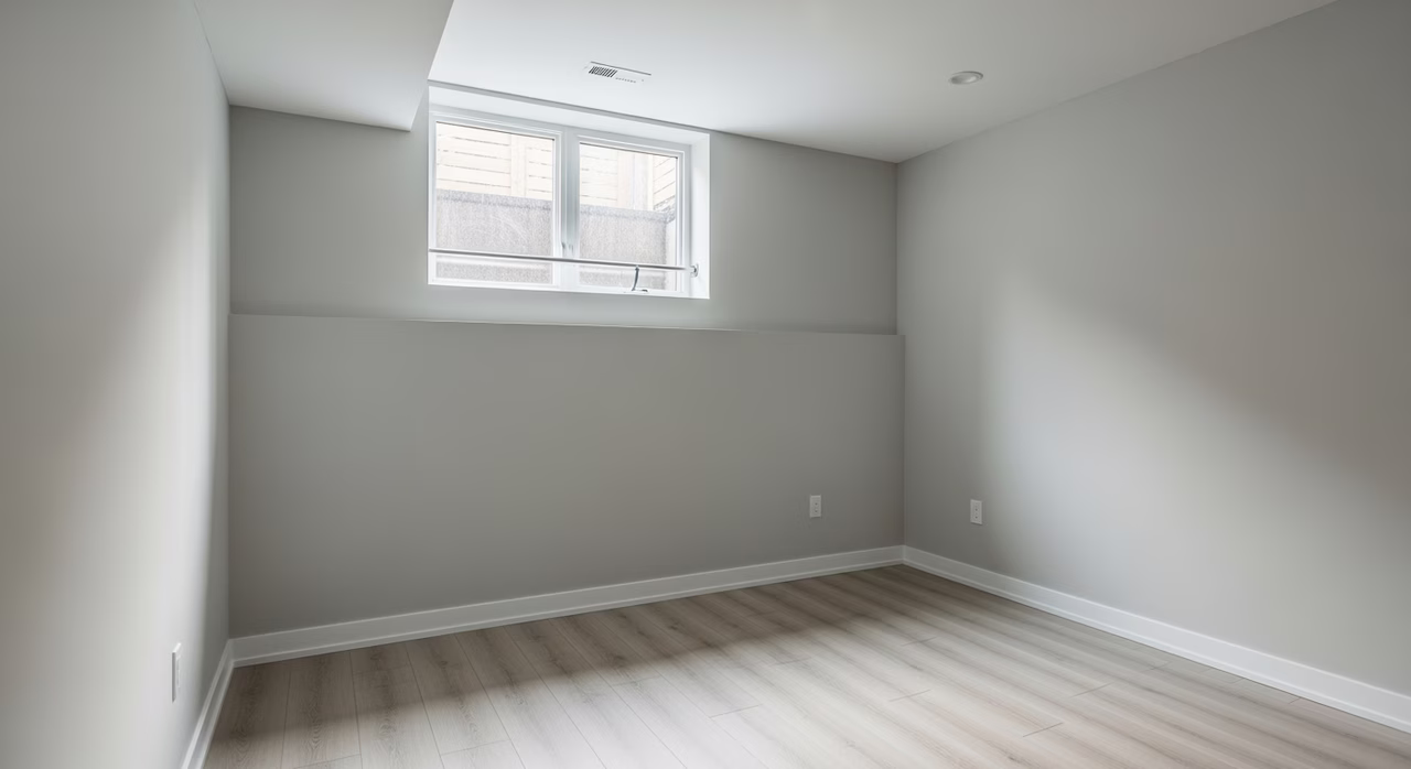 Completed Toronto legal basement bedroom with OBC 9.9.10 casement egress window letting in natural light
