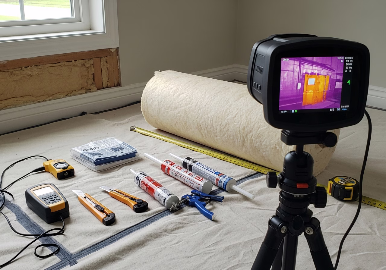 Insulation Audit (Thermal) tools and materials staged in Toronto home