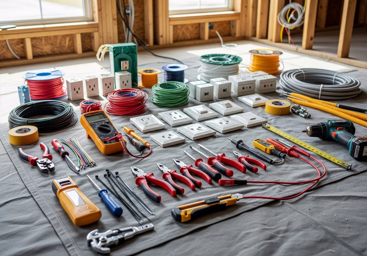 Tools and materials staged for electrical services in Markham