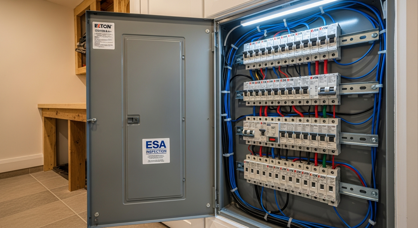 Detail view of a electrical panel upgrade & installation job finished in Caledon โ expert craftsmanship