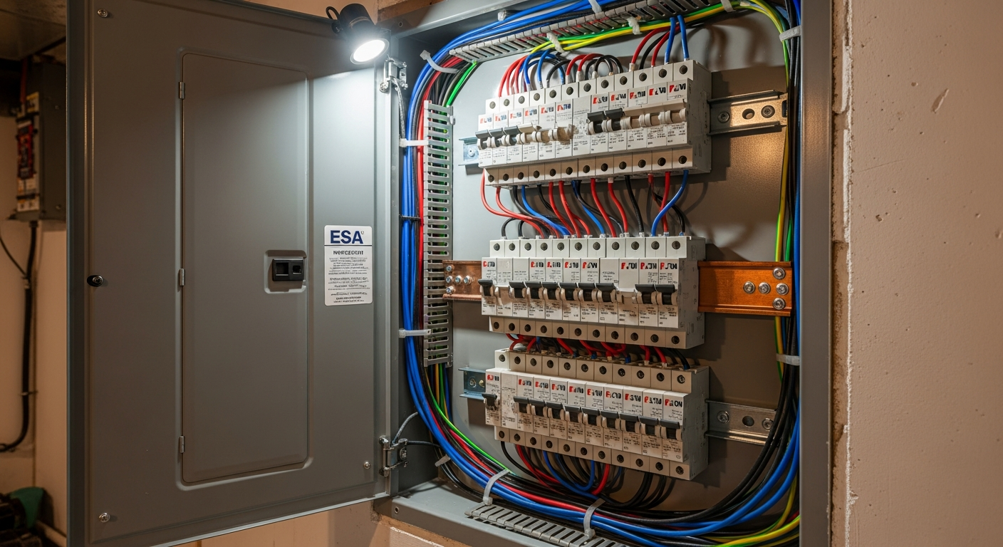 Close-up of professional electrical panel upgrade & installation work delivered in Scugog