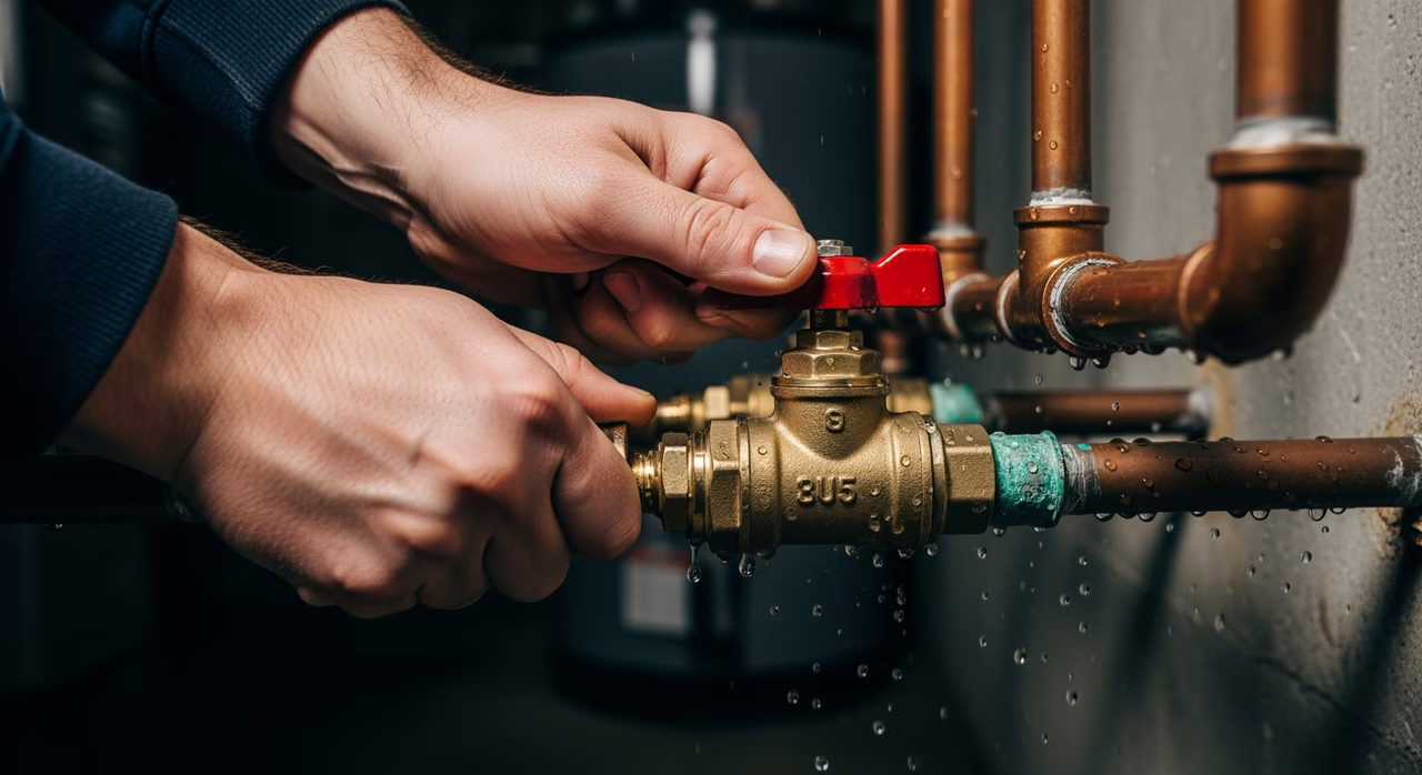 Licensed 306A plumber shutting off main water valve during burst-pipe call in Toronto home