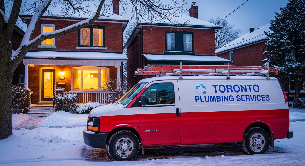 After-hours emergency plumbing service van parked at Mississauga suburban home driveway