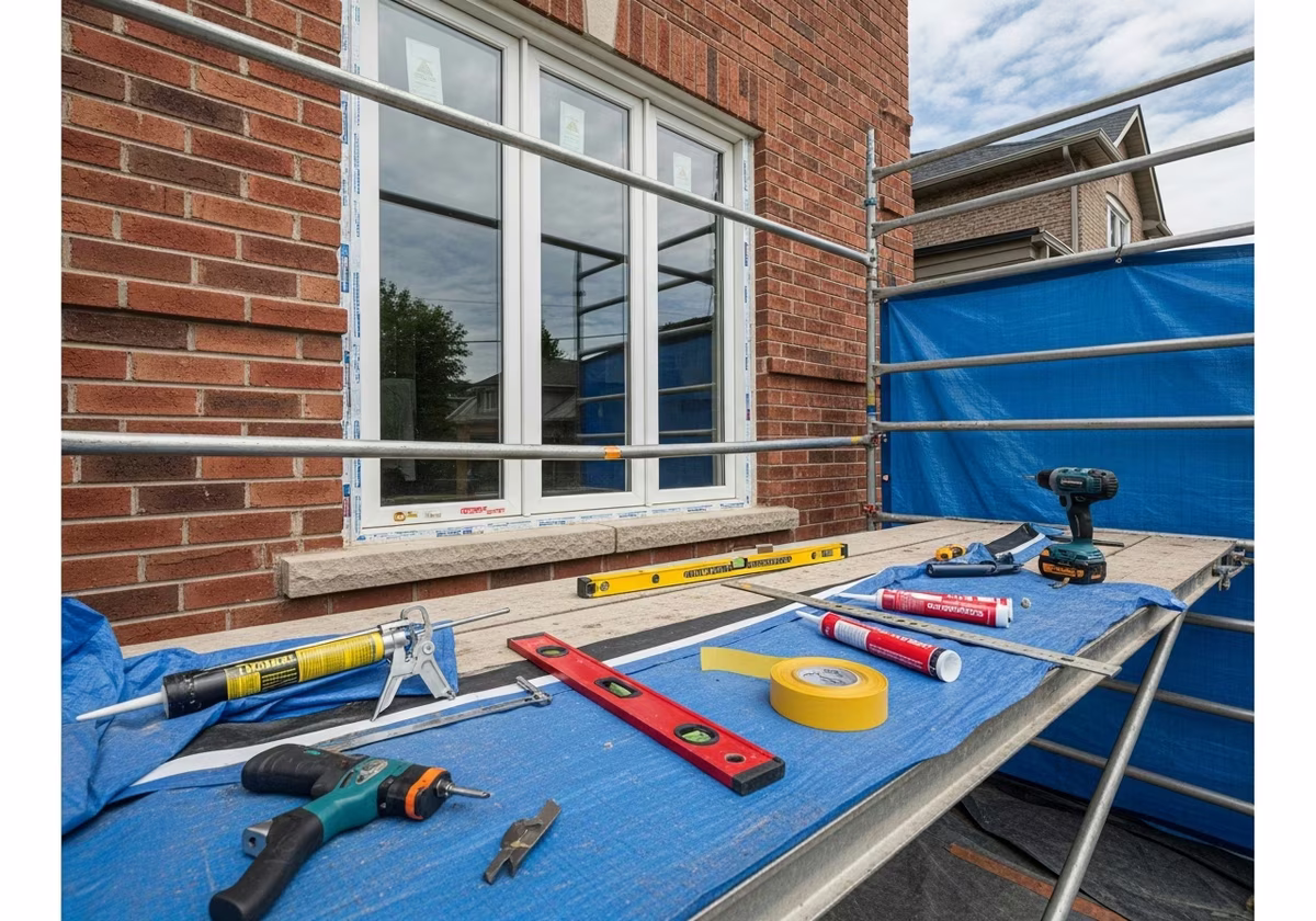 Tools and materials staged for energy efficient windows installation