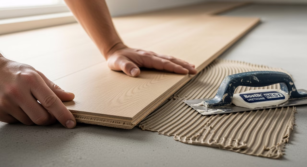 Toronto engineered hardwood installer fitting a 7-inch wide European white-oak Lauzon Designer plank (4mm top veneer over 11-layer plywood core) glue-down with notched trowel and Bostik Best urethane adhesive