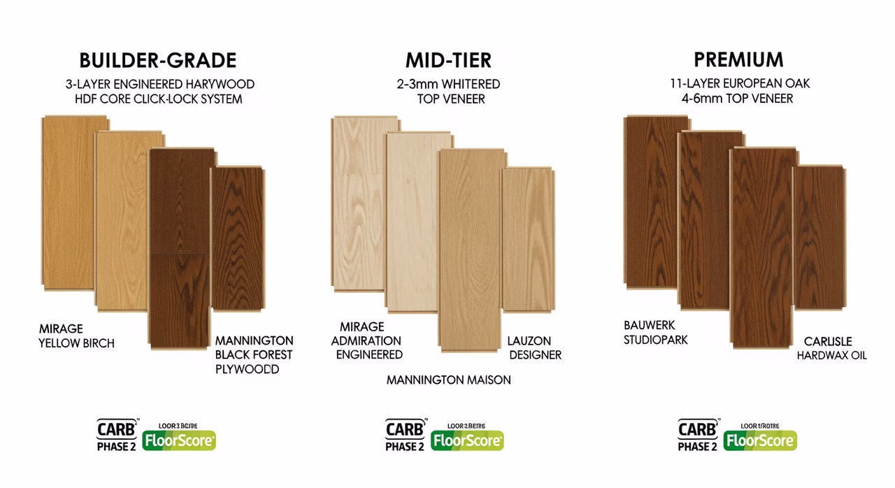 Three Toronto engineered hardwood tiers compared: 3-layer 1mm veneer click-lock (Mirage Yellow Birch, Mannington Black Forest), mid-tier 2-3mm white-oak veneer over plywood (Mirage Admiration Engineered, Lauzon Designer, Mannington Maison), premium 11-layer European-oak 4-6mm veneer (Bauwerk Studiopark, Hakwood, Carlisle)