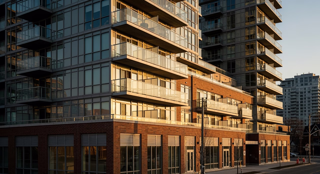 Toronto Liberty Village 2010s mid-rise condo at golden hour with glass balconies and brick podium where engineered hardwood installs over radiant heat slab run $10-$22 per square foot and are the only solid-look option compatible with heated concrete