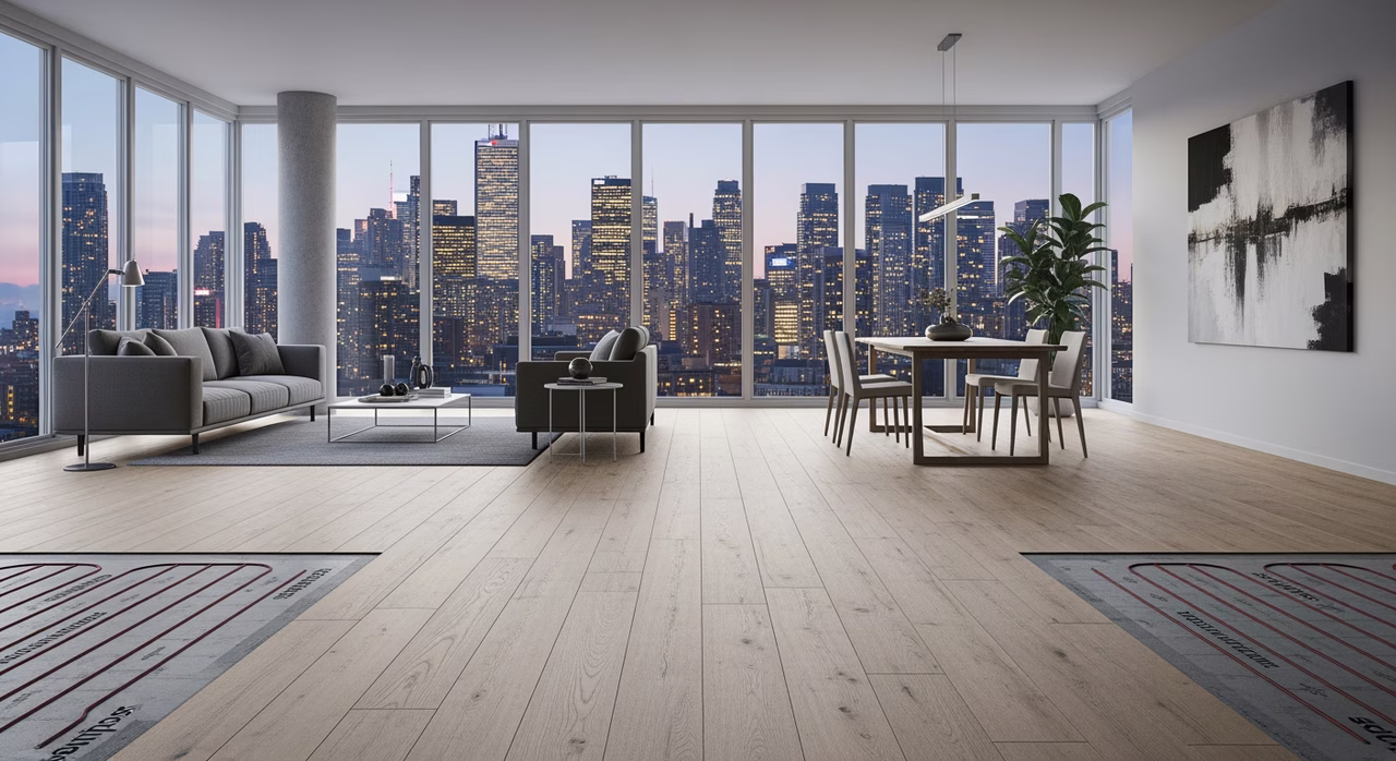 Completed Toronto condo open-plan living-dining with 6-inch wide-plank engineered European white-oak Bauwerk Studiopark over radiant-heat slab with Schluter DITRA-HEAT membrane, downtown skyline view