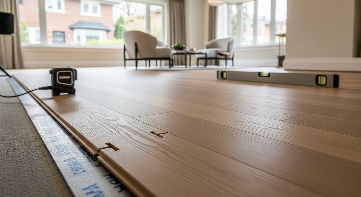 Etobicoke engineered hardwood installation portfolio sample — finished by licensed RenoHouse crew