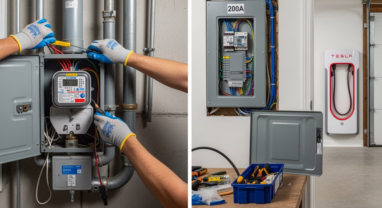 ECRA/ESA-certified electrician completing 200A panel upgrade and Tesla Wall Connector install in Toronto