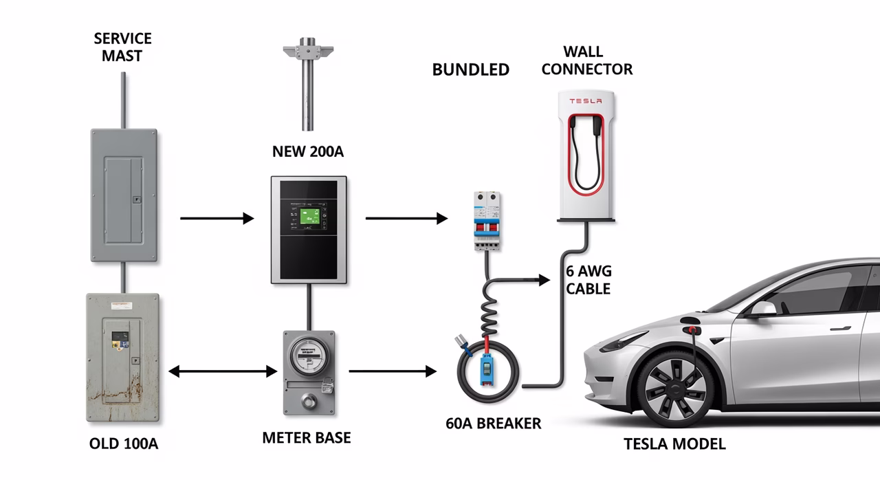 Eaton 200A panel beside ChargePoint, Tesla, and Wallbox Level 2 chargers on display board