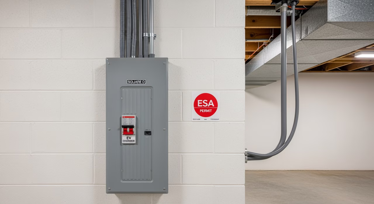 Close-up of new 60A EV breaker and dedicated 240V circuit terminating at Wall Connector