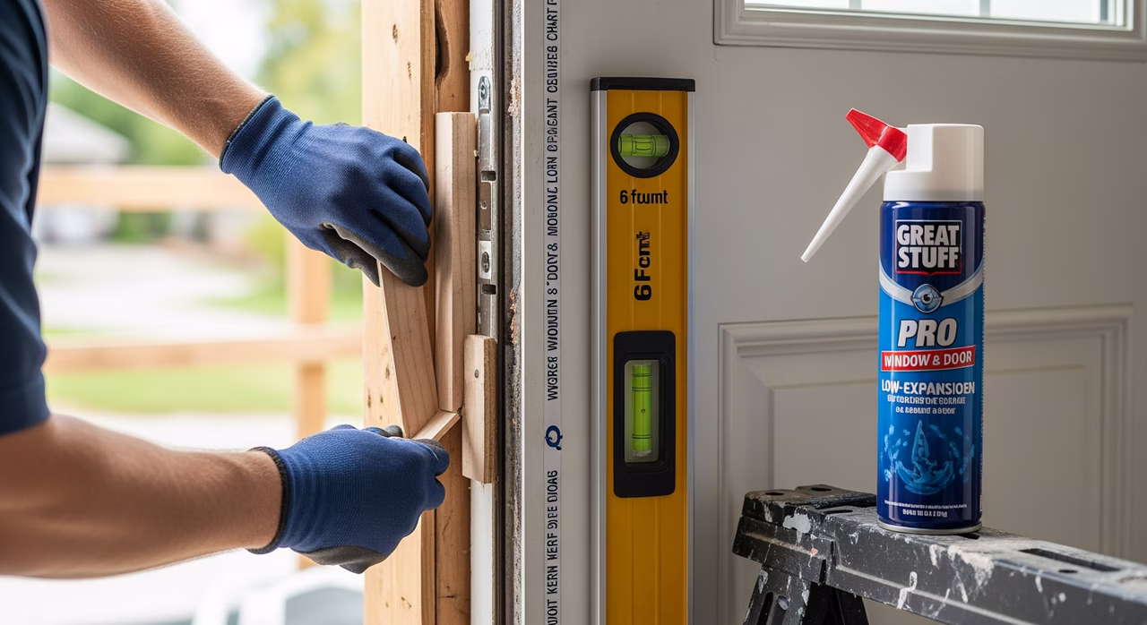 Toronto exterior-door installer shimming a Therma-Tru Classic Craft fibreglass entry door at hinge-side jamb with cedar shims, 6-foot level visible, low-expansion Great Stuff Pro Window-and-Door foam