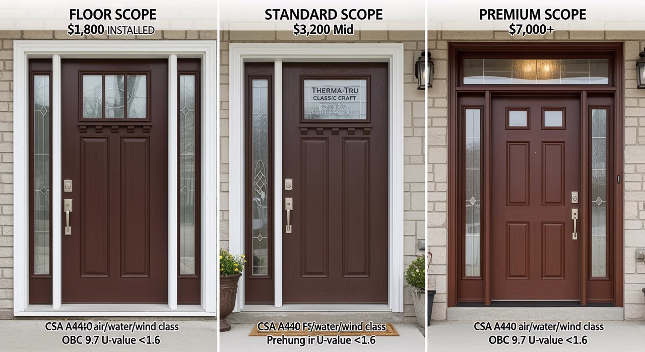 Three Toronto exterior-door tiers compared: floor scope Steelcraft 22-gauge steel with polyurethane core at $1,800, standard Therma-Tru Classic Craft fibreglass Energy Star Most Efficient with Schlage F-Series Encode at $3,200, premium Simpson Performance Series mahogany with sidelights and Mul-T-Lock multi-point at $7,000+