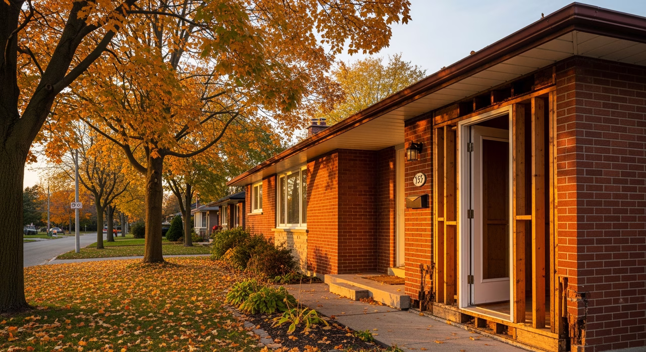 Toronto Etobicoke 1960s ranch bungalow with red brick veneer and mature maple trees on quiet suburban street at golden hour, the front entry visible where pre-1980 stock frequently encounters rotted sill plate and jack-stud requiring sister-stud repair