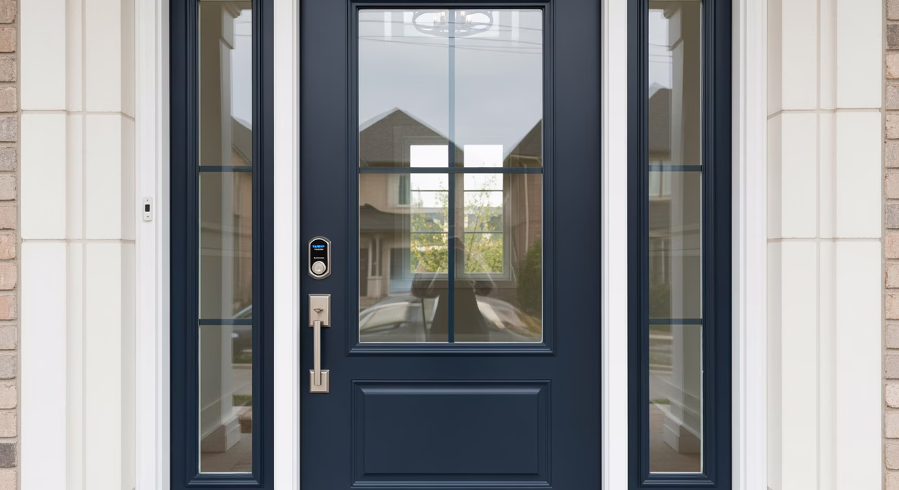 Completed Toronto luxury front entry with newly-installed Therma-Tru Classic Craft fibreglass exterior door in dark navy factory finish, three-quarter low-e glass insert, Schlage F-Series Encode smart deadbolt, full sidelights with tempered glass, custom brick-mould casing