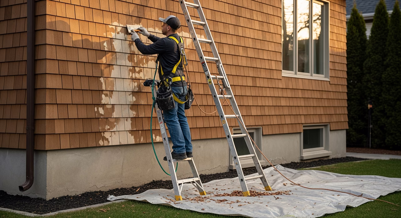 Toronto exterior painter on aluminum extension ladder scraping loose paint from cedar clapboard wall with carbide scraper, fall-protection harness clipped to anchor point